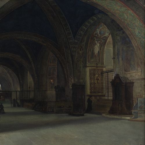 fig 2. Carlo Ferrari, The Lower Basilica Of Saint Francis Of Assisi, Italy - Antique Watercolour