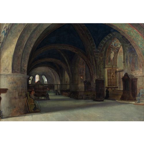 fig 3. Carlo Ferrari, The Lower Basilica Of Saint Francis Of Assisi, Italy - Antique Watercolour