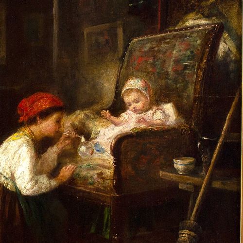 fig 1. James Crawford Thom, Cottage Interior With Child & Baby - Antique Oil Painting