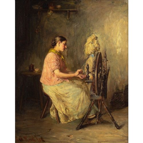 fig 1. Sir George Ogilvy Reid, Interior Scene With Woman & Spinning Wheel - Antique Oil Painting