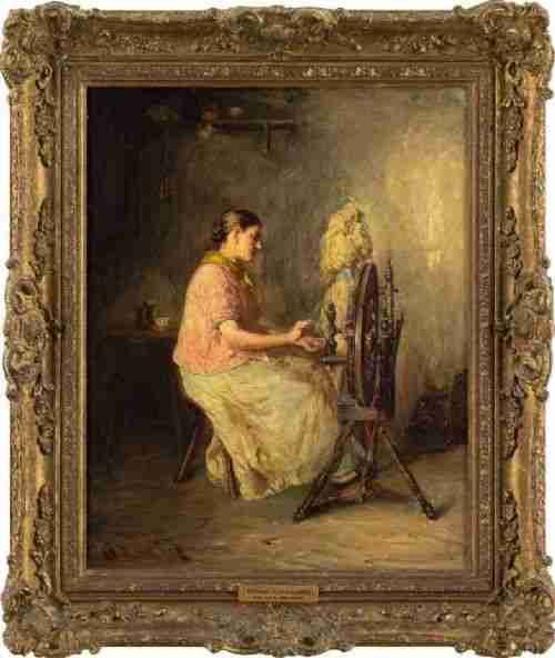 Sir George Ogilvy Reid, Interior Scene with Woman & Spinning Wheel - Antique Oil Painting