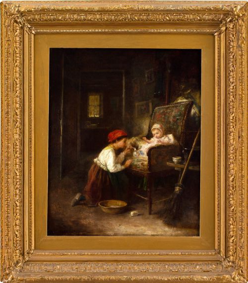 James Crawford Thom, Cottage Interior with Child & Baby - Antique Oil Painting