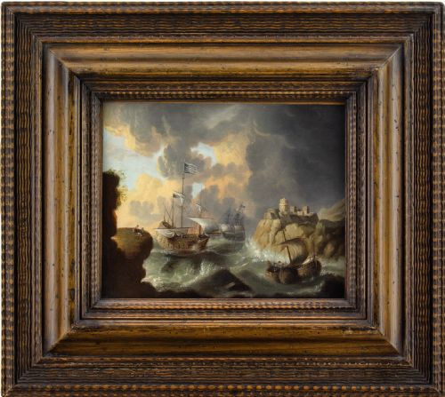 Follower of Bonaventura Peeters, Marine Scene with Ships & Stormy Waters - Antique Oil Painting