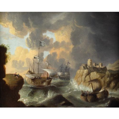fig 1. Follower Of Bonaventura Peeters, Marine Scene With Ships & Stormy Waters - Antique Oil Painting