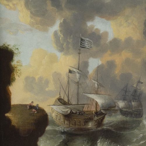 fig 2. Follower Of Bonaventura Peeters, Marine Scene With Ships & Stormy Waters - Antique Oil Painting