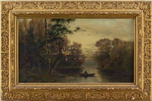 Arvid Mauritz Lindstrom, Evening Landscape with Fisherman - Antique Oil Painting