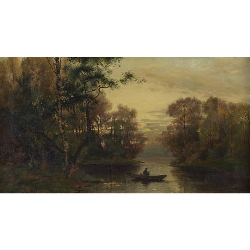 fig 1. Arvid Mauritz Lindstrom, Evening Landscape With Fisherman - Antique Oil Painting