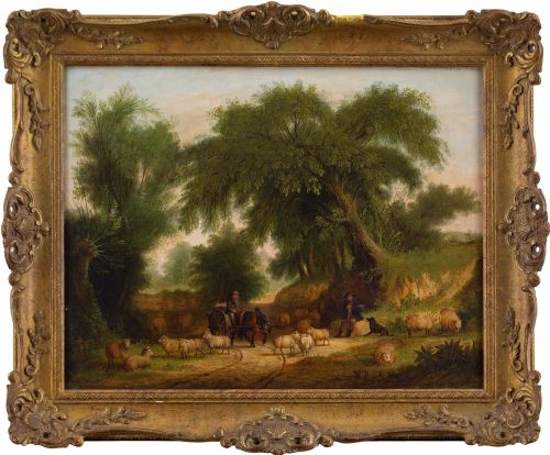 19th-century English School, Rural Scene with Shepherds - Antique Oil Painting