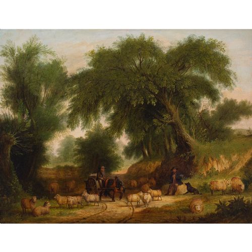 fig 1. 19th-Century English School, Rural Scene With Shepherds - Antique Oil Painting
