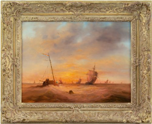 Follower of Hermanus Koekkoek, Dutch Fishing Boats in Choppy Waters, Vintage Oil