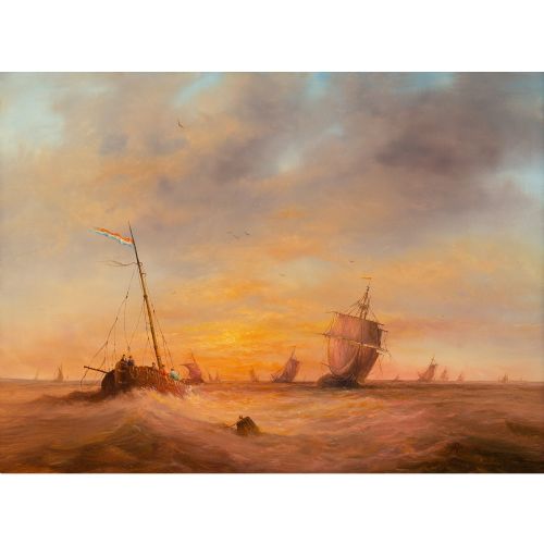 fig 1. Follower Of Hermanus Koekkoek, Dutch Fishing Boats In Choppy Waters, Vintage Oil