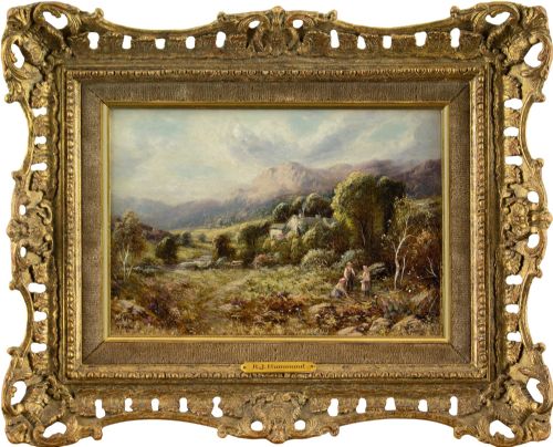 Robert John Hammond, Upland Landscape with Cottage & Family - Antique Oil Painting