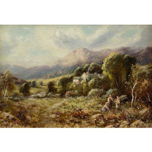 fig 1. Robert John Hammond, Upland Landscape With Cottage & Family - Antique Oil Painting