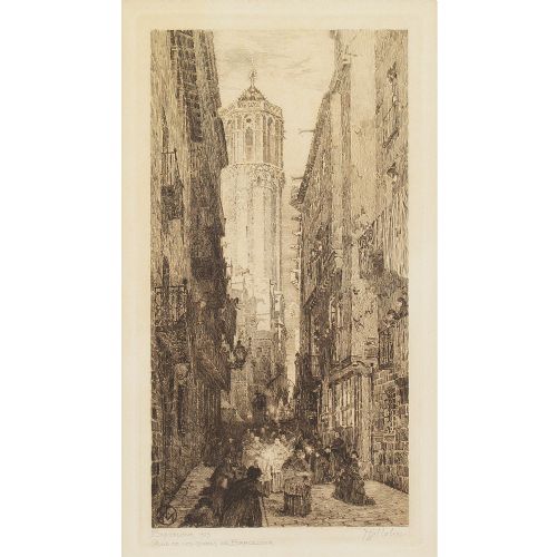 fig 1. Hjalmar Molin, Calle De Los Condes De Barcelona, Spain - Antique Etching