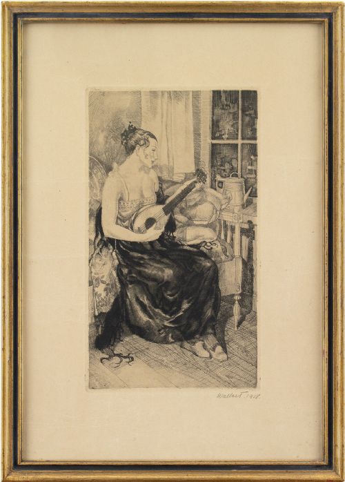 Axel Wallert, Seated Woman with Mandolin - Antique Etching