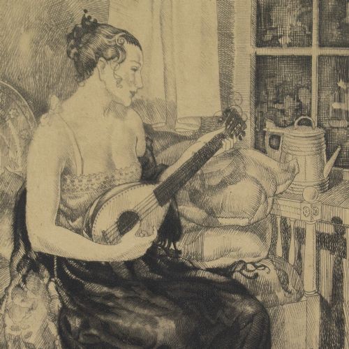 fig 1. Axel Wallert, Seated Woman With Mandolin - Antique Etching