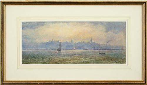 Early 20th-century British School, Seascape with City Skyline - Antique Watercolour