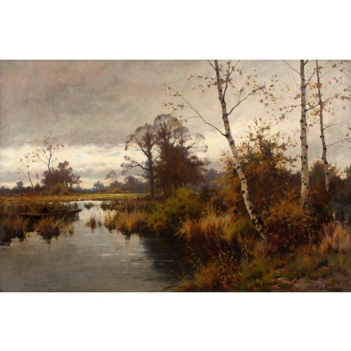 fig 2. Joseph Paulman, River Landscape With Boatman - Large Antique Oil Painting