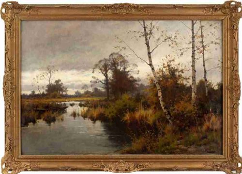 Joseph Paulman, River Landscape with Boatman - Large Antique Oil Painting
