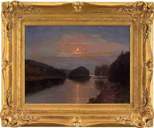 Erik Abrahamson, Nocturne with River Landscape - Antique Oil Painting