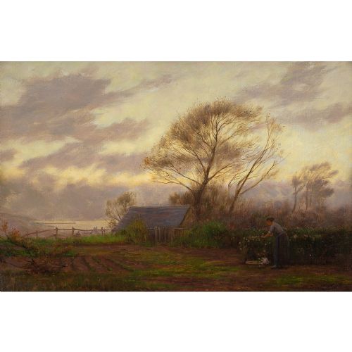 fig 1. William Bright Morris, Flower Gathering With Coastal View - Antique Oil Painting