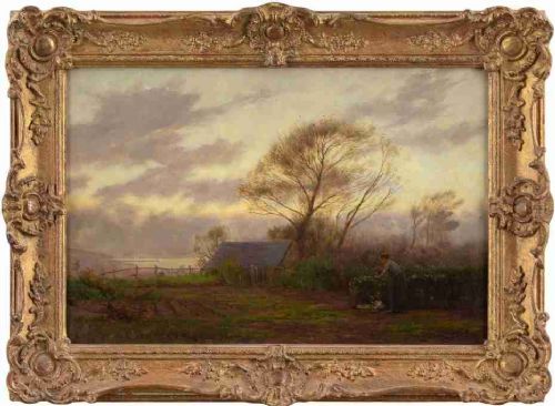William Bright Morris, Flower Gathering with Coastal View - Antique Oil Painting