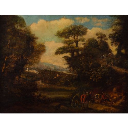 fig 1. Early 18th-Century Idealised Italianate Landscape With Figures & Cattle - Antique Oil Painting