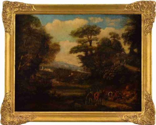 Early 18th-Century Idealised Italianate Landscape With Figures & Cattle - Antique Oil Painting