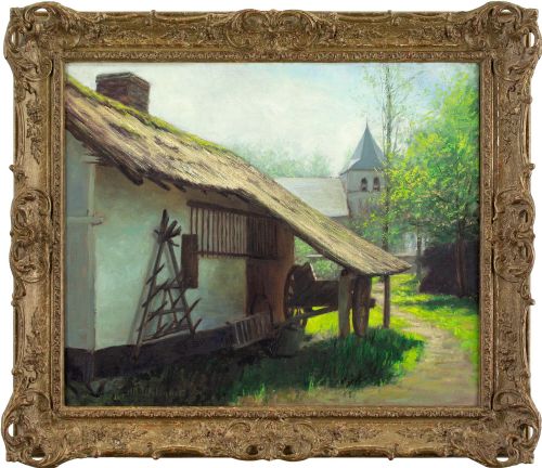 Maurice Wiliquet, Farmhouse with Cart, Trees & Church - Vintage Oil Painting