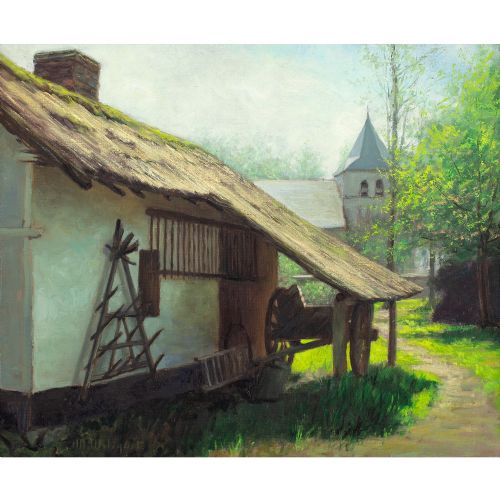 fig 1. Maurice Wiliquet, Farmhouse With Cart, Trees & Church - Vintage Oil Painting