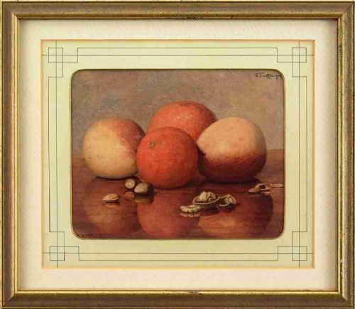 Erich Taefflinger, Still Life With Oranges, Apples & Nuts - Antique Watercolour