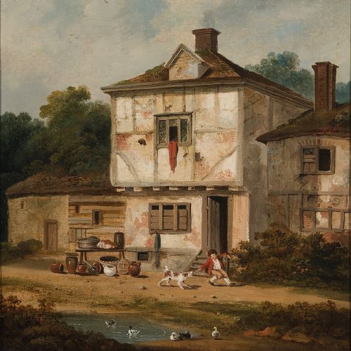 fig 1. Micheal ‘Angelo’ Rooker, Rural Scene With Boy & Dog, 18th Century Oil Painting