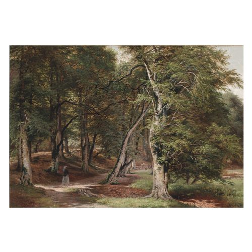 fig 1. 19th-Century Danish School, Woman Walking Through A Forest, Antique Oil Painting