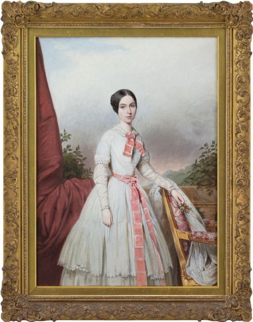 19th-century English School, Portrait of a Young Lady with a Pink Sash - Antique Oil Painting
