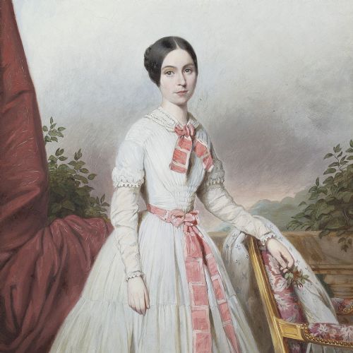 fig 1. 19th-Century English School, Portrait Of A Young Lady With A Pink Sash - Antique Oil Painting