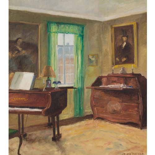 fig 1. Jacob Meyer, Interior With Piano - Vintage Oil Painting