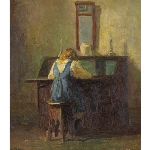 fig 1. Poul Friss Nybo, Interior Scene With Girl At Writing Desk - Antique Oil Painting