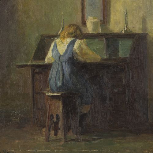 fig 2. Poul Friss Nybo, Interior Scene With Girl At Writing Desk - Antique Oil Painting