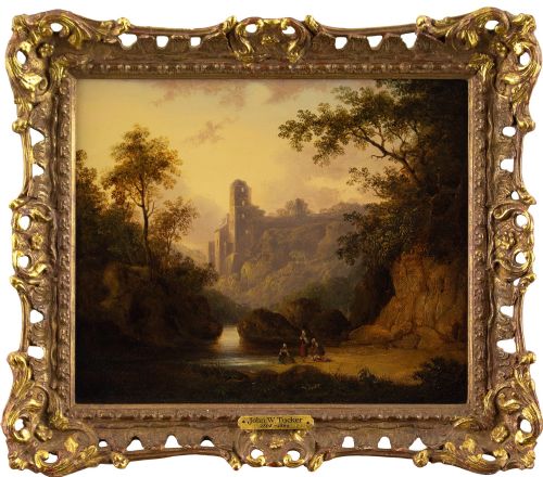 John Wallace Tucker, Figures in a Gorge with Castle Beyond - Antique Oil Painting