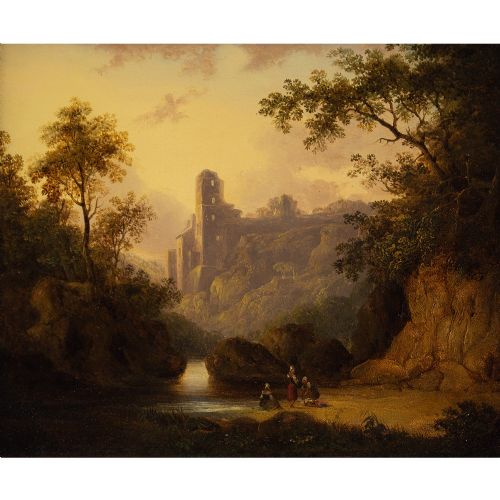 fig 1. John Wallace Tucker, Figures In A Gorge With Castle Beyond - Antique Oil Painting