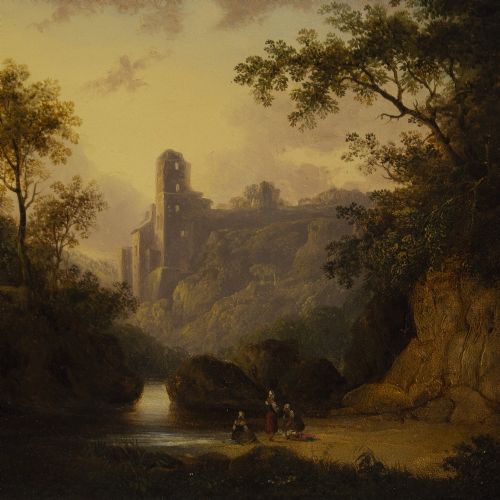fig 2. John Wallace Tucker, Figures In A Gorge With Castle Beyond - Antique Oil Painting