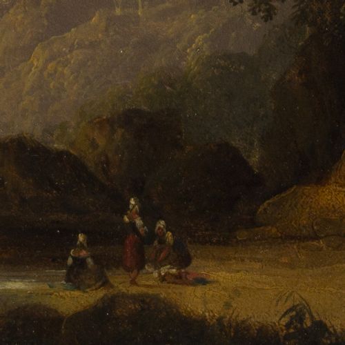 fig 3. John Wallace Tucker, Figures In A Gorge With Castle Beyond - Antique Oil Painting