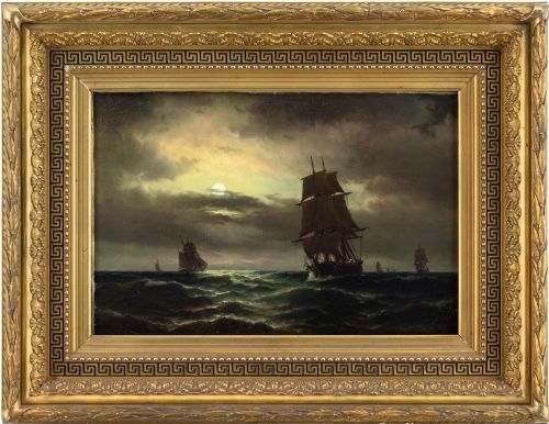 Carl Ludwig Bille, Nocturne with Sailing Ships - Antique Oil Painting