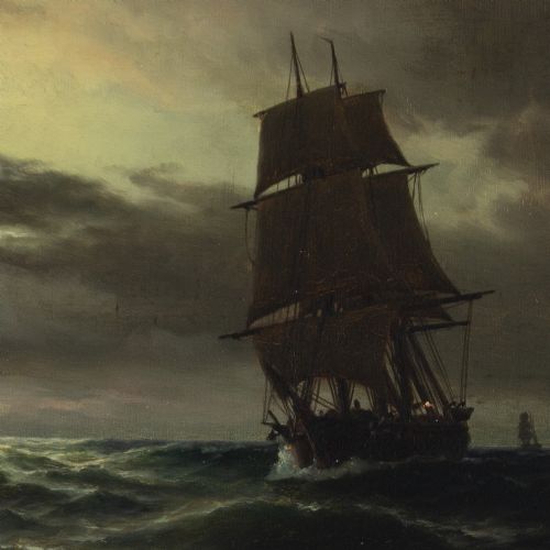 fig 1. Carl Ludwig Bille, Nocturne With Sailing Ships - Antique Oil Painting