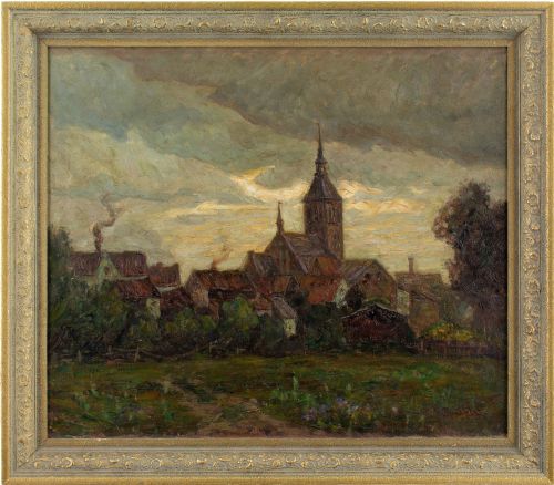 Early 20th-century German School, Town View with Evening Light - Vintage Oil Painting