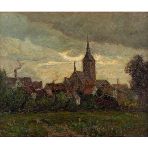fig 1. Early 20th-Century German School, Town View With Evening Light - Vintage Oil Painting