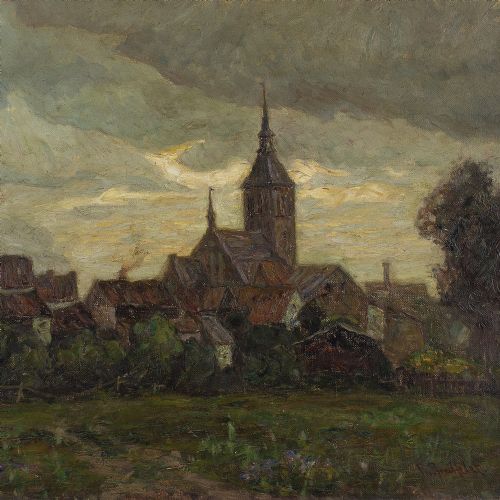 fig 2. Early 20th-Century German School, Town View With Evening Light - Vintage Oil Painting