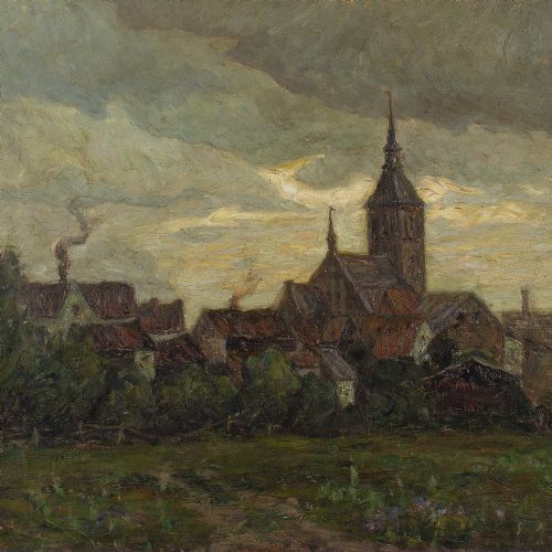 fig 3. Early 20th-Century German School, Town View With Evening Light - Vintage Oil Painting