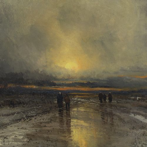 fig 1. August Van Hier, Winter Landscape With Sunset & Figures - Antique Oil Painting