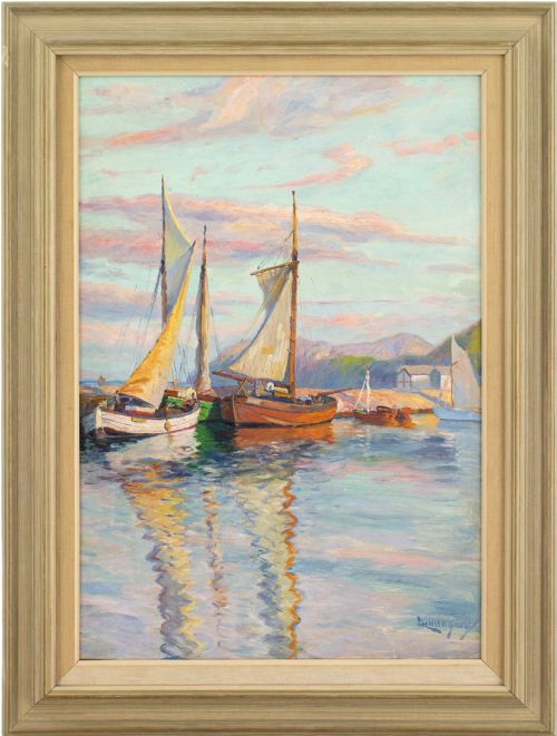 Justus Lundegard, Moored Sailboats - Antique Oil Painting